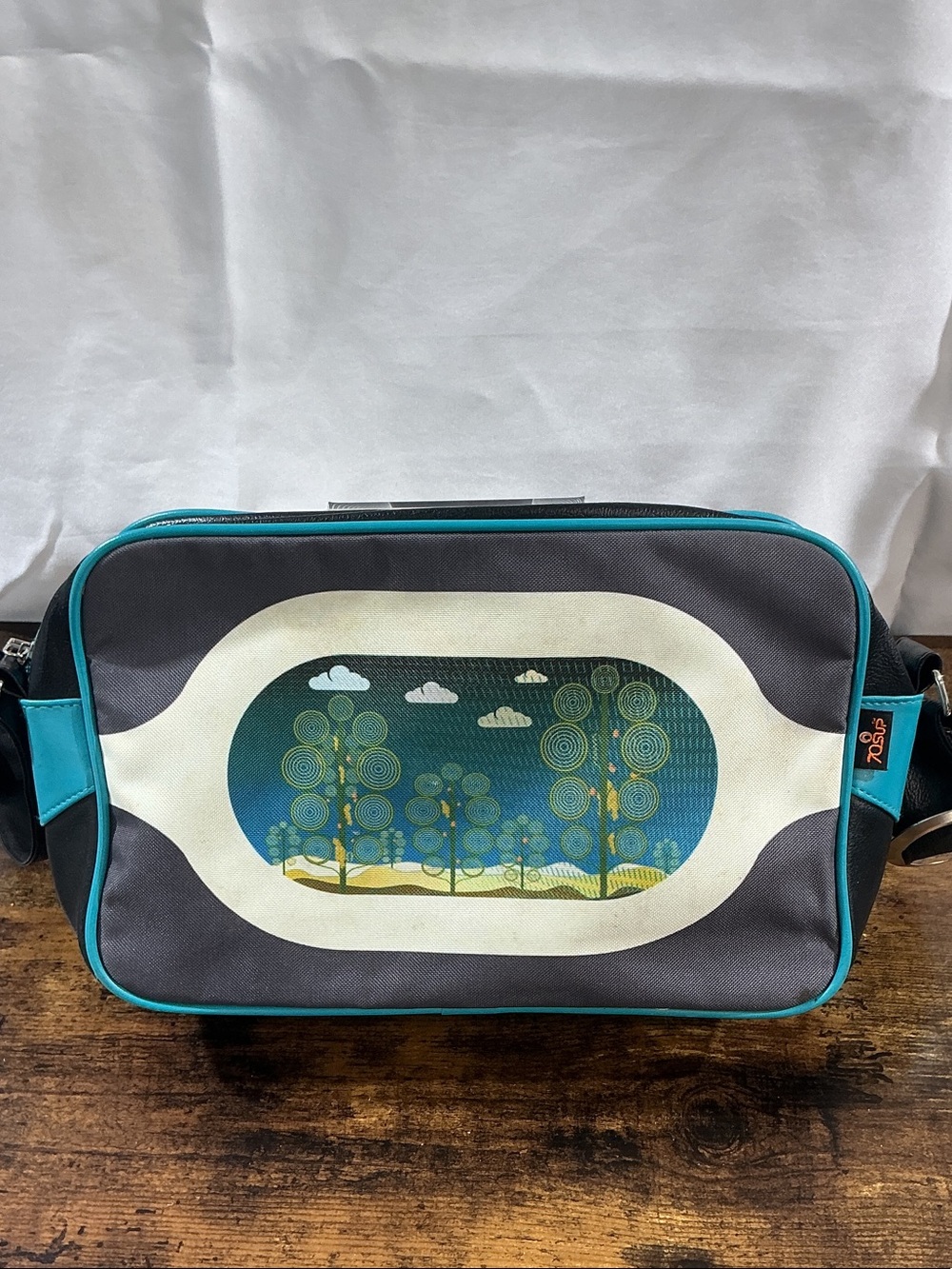 Retro Style 70’sUp Blue Scenic Print Shoulder Bag with Teal Trim